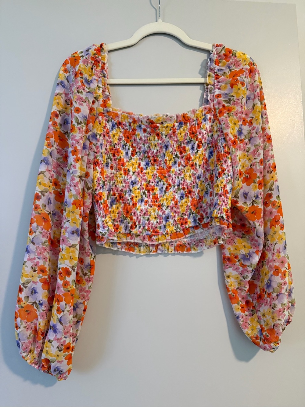 Forever 21 Floral Smocked Crop Top in Orange, Yellow, Pink, Purple
